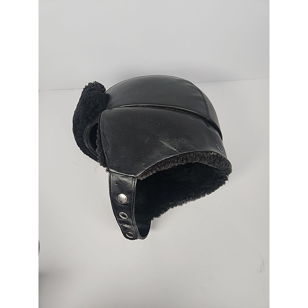 Vintage 70s Wolverine Black Leather Trapper Hat Faux Fur Ear Flaps Ushanka Cap